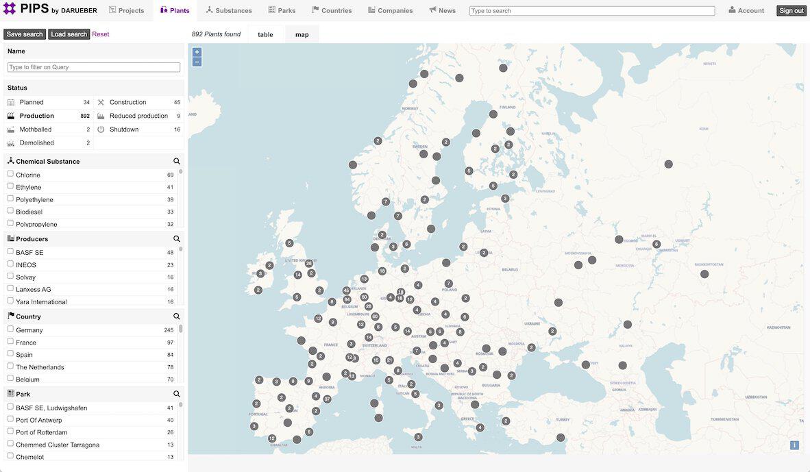 Plants index page in map view filtered to plants in production