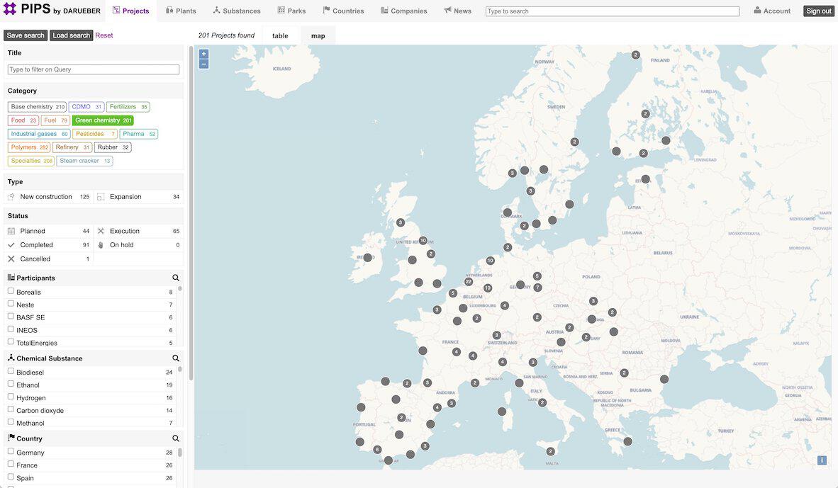 chemXplore Analytics projects index page in map view, filtered on green chemistry